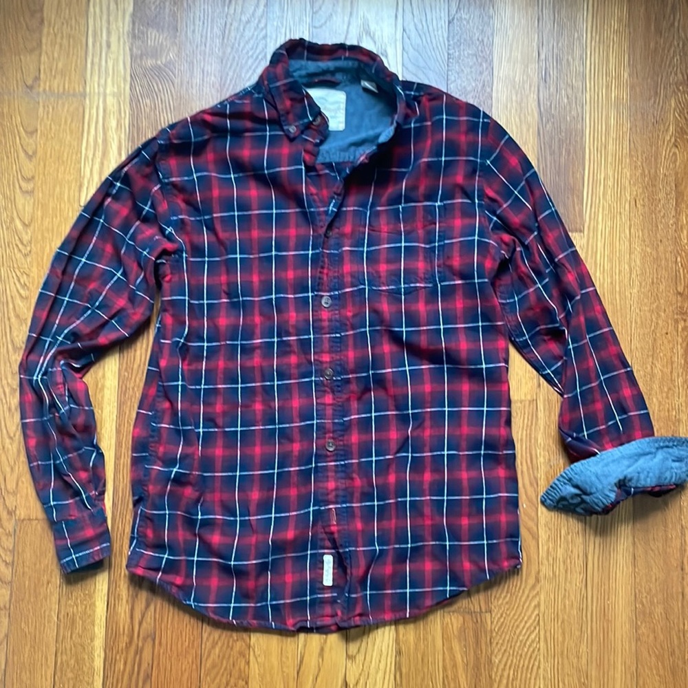 Navy and Red plaid button front